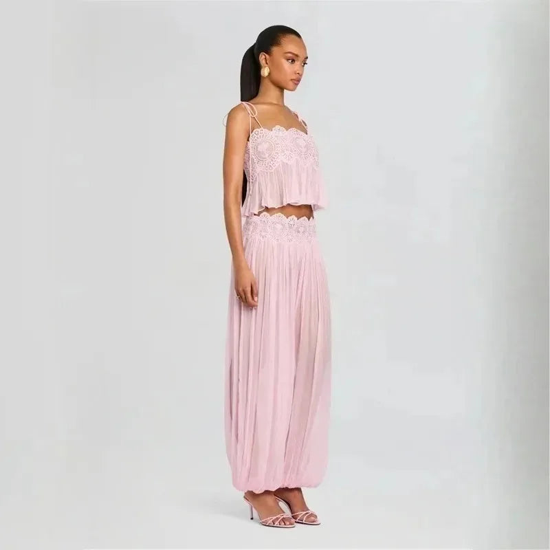 Women's Floral Lace Sheer Tiered Skirt Set 2026 Summer Spaghetti Strap Ruffle Crop Top High Waist Maxi Beach 2 Piece Dress