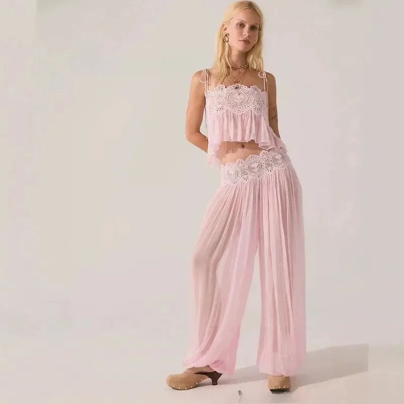 Women's Floral Lace Sheer Tiered Skirt Set 2026 Summer Spaghetti Strap Ruffle Crop Top High Waist Maxi Beach 2 Piece Dress