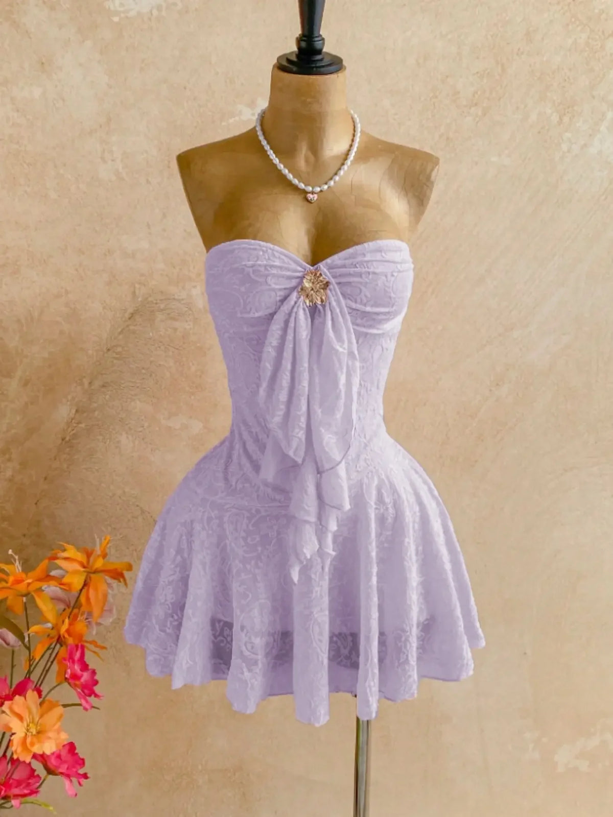 Women Sweetheart Strapless Embossed Lace Mini Night Dress, Front Ruffle Floral Brooch, Slim Fit Flared Skirt, Soft Cozy Loungewear, Nightwear, Feminine, Cute, Loungewear Nightdress