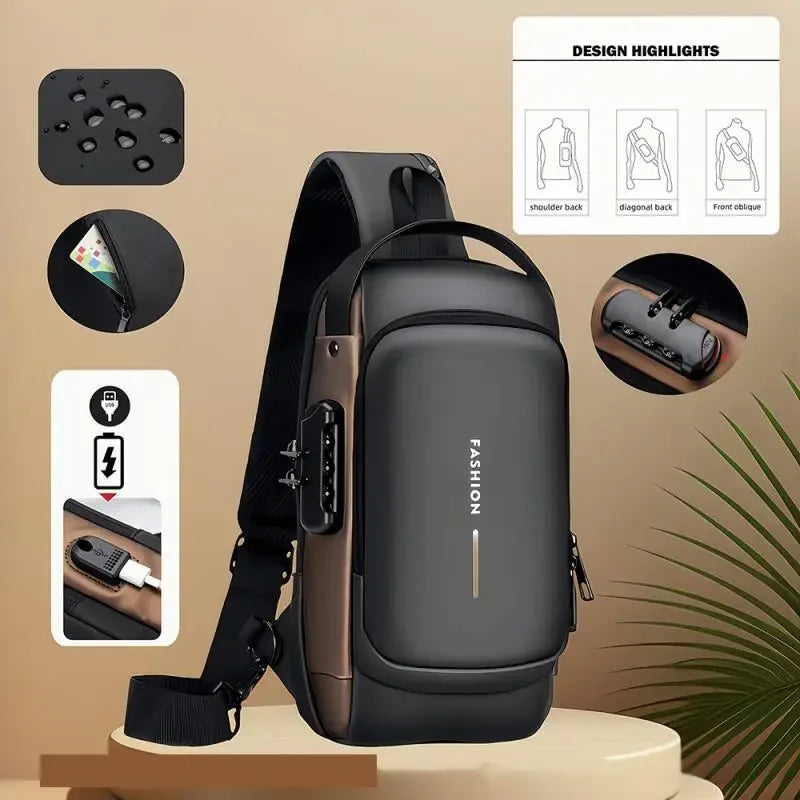 Men's anti-theft chest bag, fashionable motorcycle and casual sports sloping backpack, durable Oxford fabric