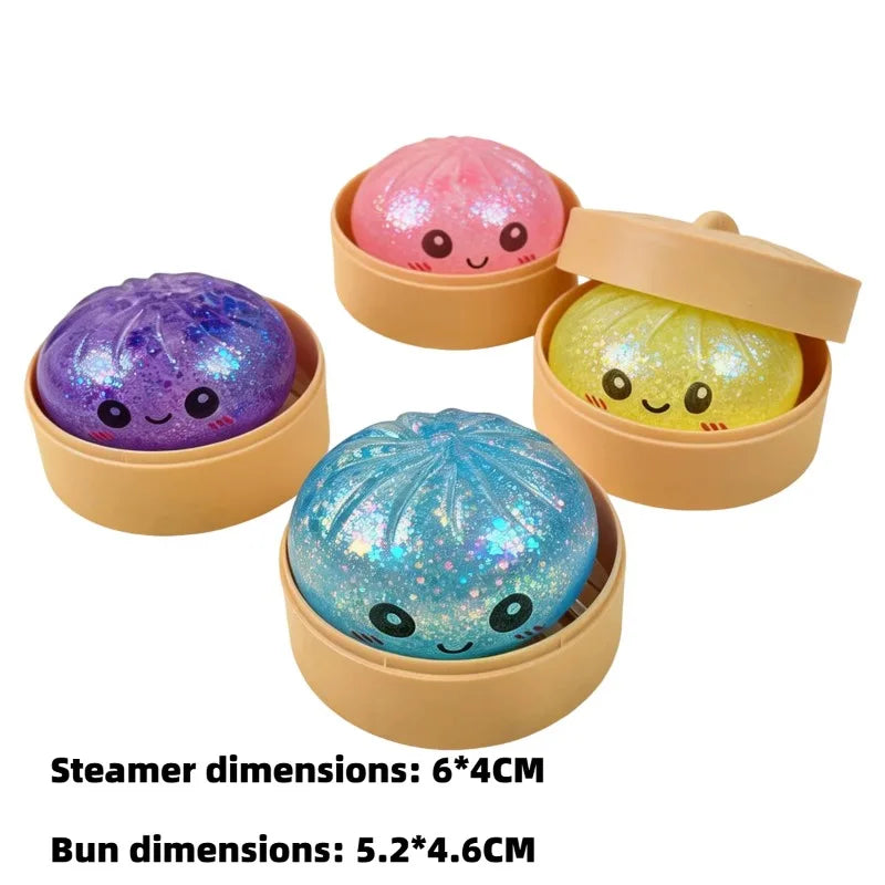 Steamed Bun Squeeze Toy Simulation Bao Stress Relief Fidget Toy with Beads Sparkles Soft Squishy Sensory Decompression Accessory
