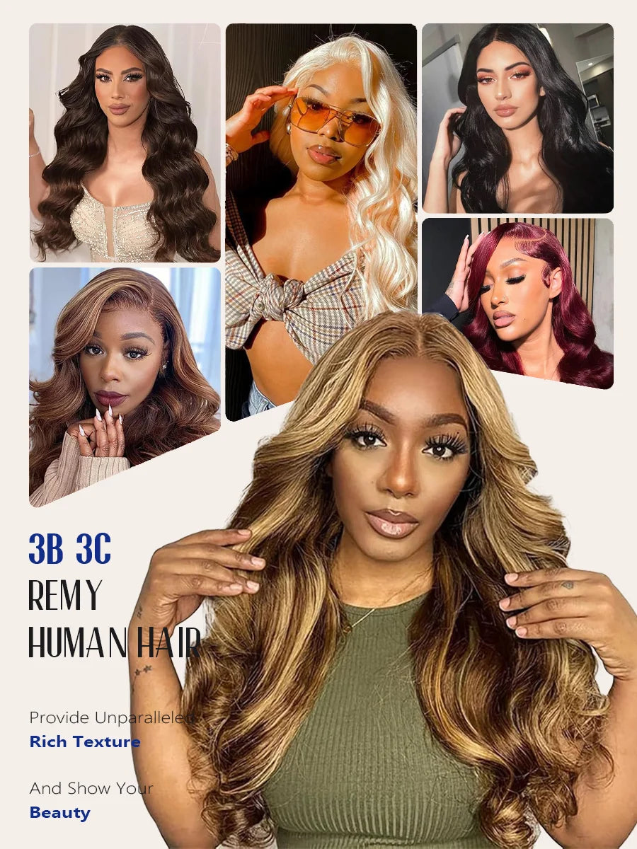 P4/27 Highlight Body Wave 40 Inch Long-length & 200% High Density Human Hair Wigs HD Transparent Skin-melt Swiss Lace Frontal Wig