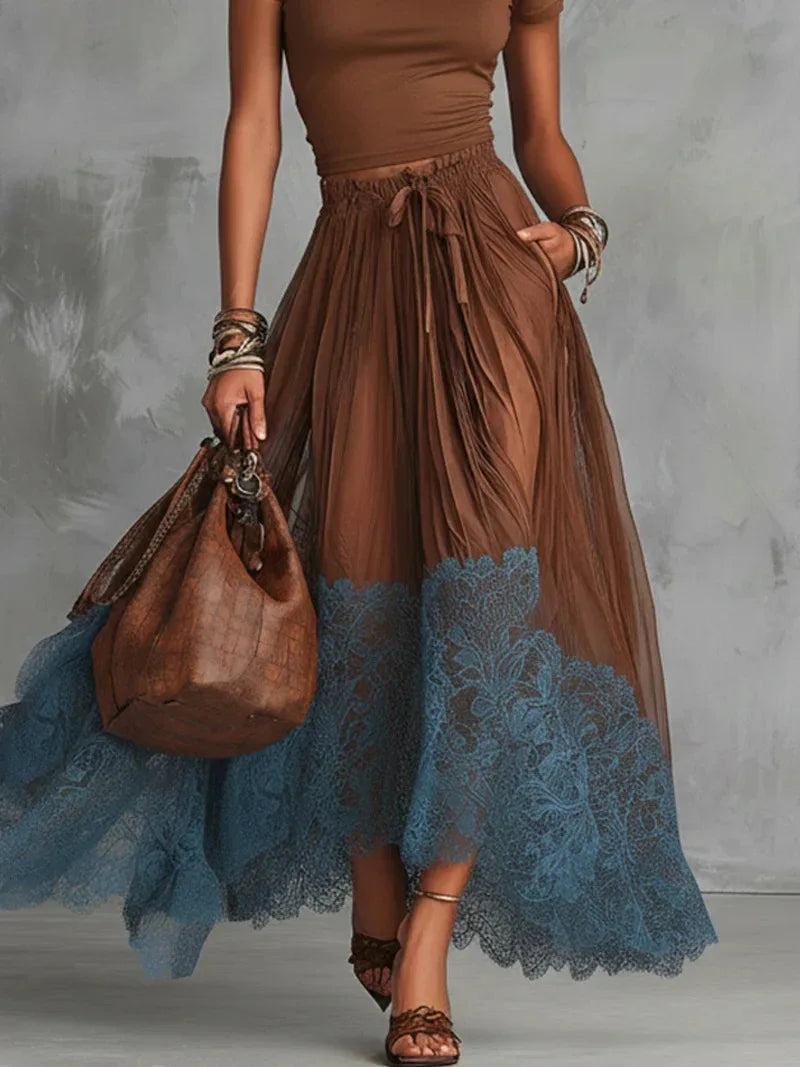 2026 New V Neck Short Sleeve Underwear Top High Waist Lace Spliced Midi Skirt Two Piece Set Women Slim Fit Temperament Outfit