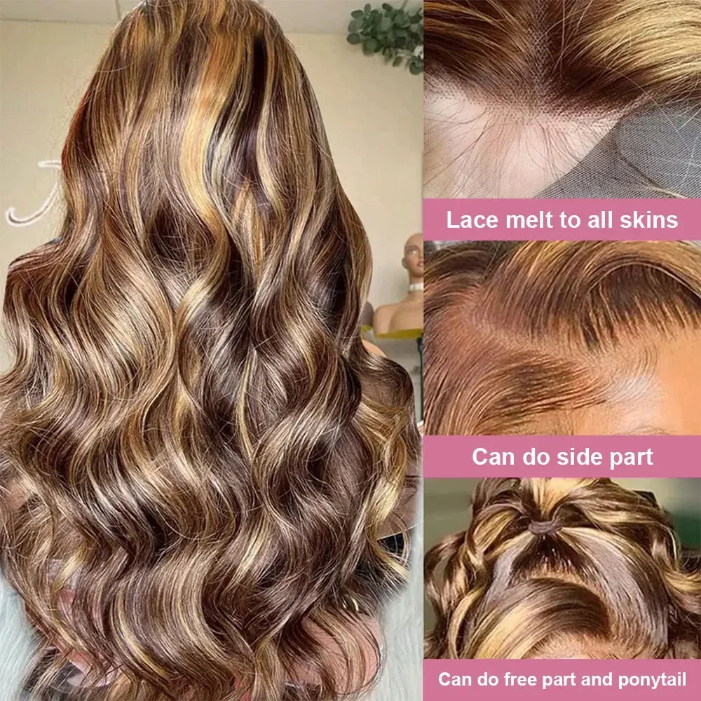 4/27 Highlight 13x4 13X6 HD Lace Frontal Human Hair Wigs 200% Density Ombre Blonde Body Wave Front 36 Inch For Women Brazilian