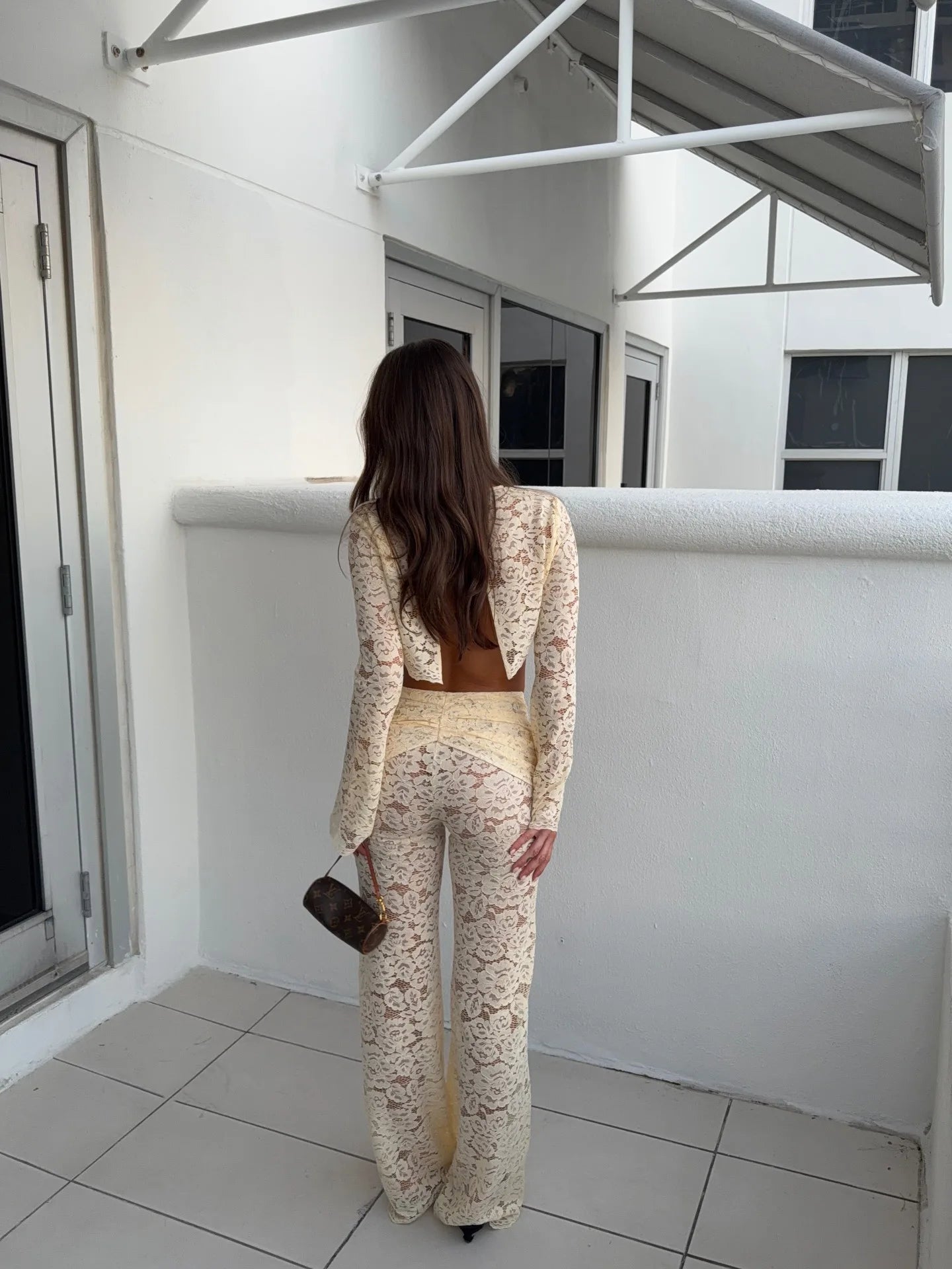 Whisper Lumi Sexy Lace Hollow Out Crop Top Backless Outfit 2 Piece Trendy Slim Fitted Clubwear Set for Women