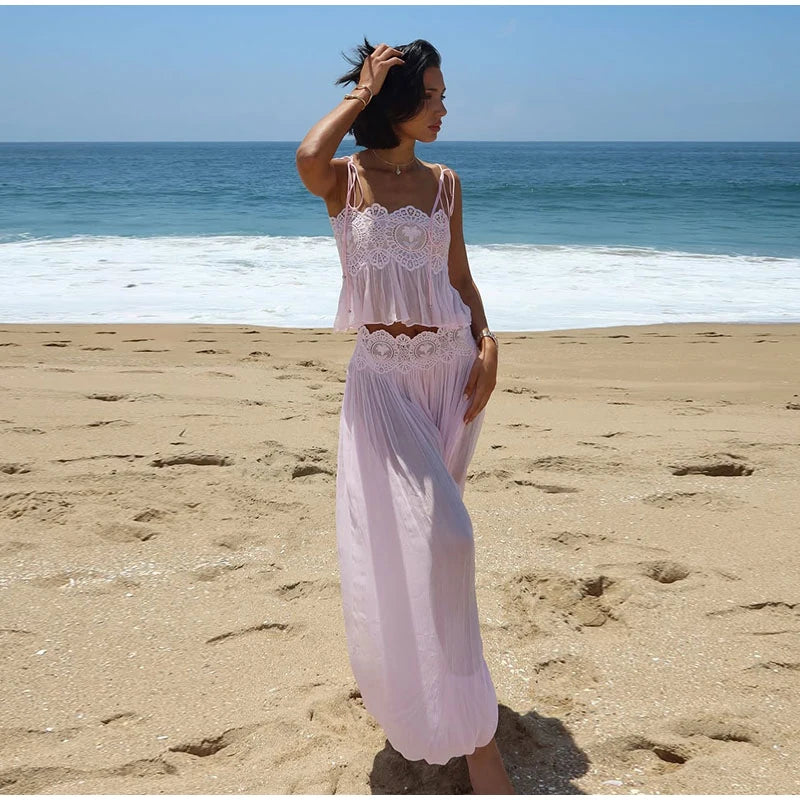 Beach Floral Lace Hollow Out Women's Pants Sets Ruffles Spaghetti Strap Crop Tops Loose Pleated Lantern Pant 2026 Summer Suits