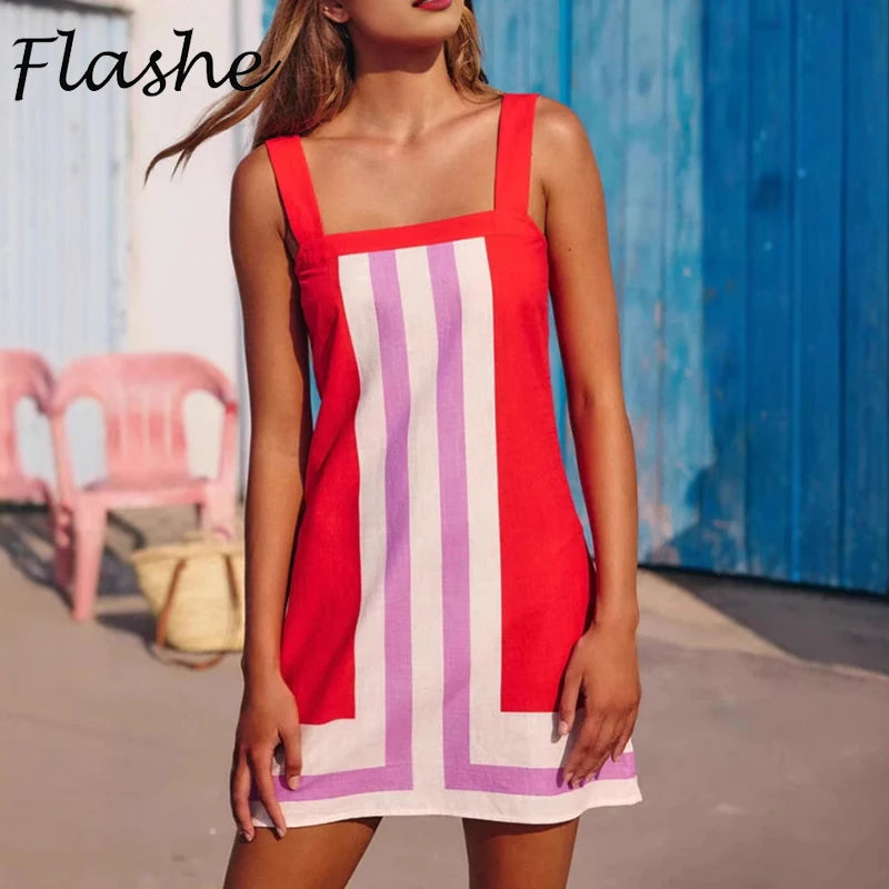 Elegant Women Dresses Summer Sleeveless Mini Dress Women Striped Printed Beach Holiday Dresses For Women Casual Party Dress