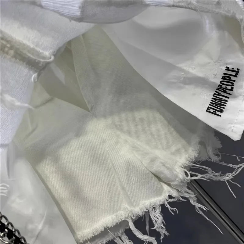New Korean White Raw Irregular Denim Skirt Women's Anti-Walk Naked Hole Pocket Exposed Short Skirt