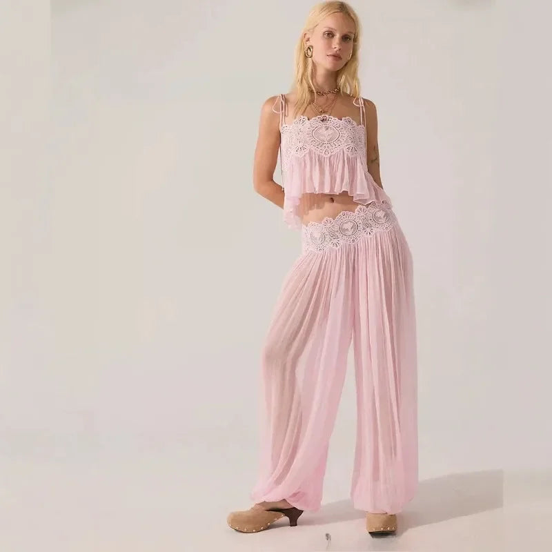 Women's Floral Lace Sheer Tiered Skirt Set 2026 Summer Spaghetti Strap Ruffle Crop Top High Waist Maxi Beach 2 Piece Dress