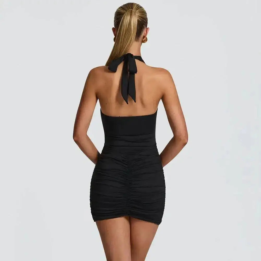 Avrilyaan Leopard Print Halter Pleated Ribbon Dress Women Mini 2025 Summer Dress Deep V Backless Sexy Party Dresses Vestidos