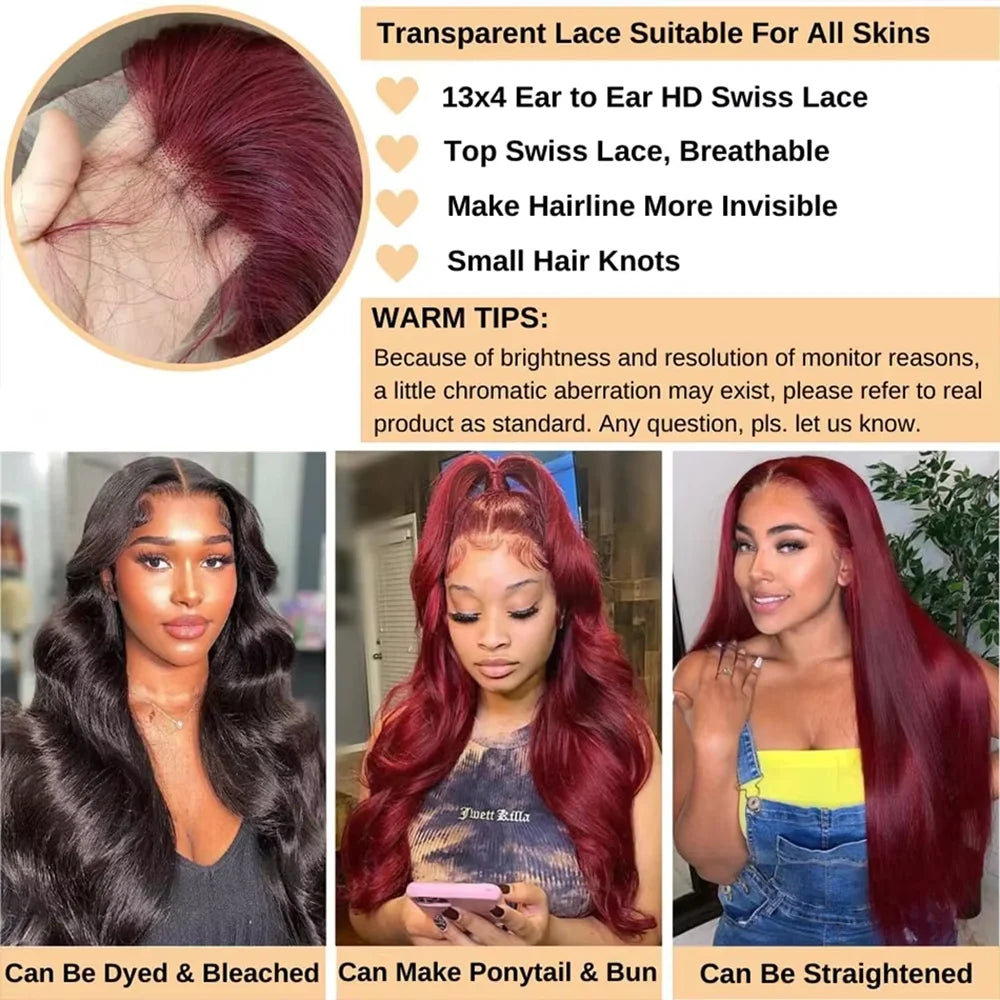 99J Burgundy 13X6 Lace Front Wigs Human Hair Red Wig 220% Density Body Wave 13X4 Lace Wigs Pre Plucked Lace Front Wigs 30 40 Inch 99J Burgundy Body Wave 13x4 13x6 Lace Front Human Hair Wigs