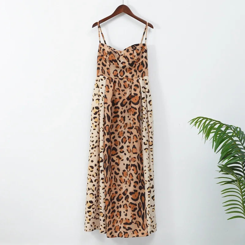 Leopard Print Sleeveless Sling Dress For Women Fashion Chic Backless A Line Dresses 2025 Elegant Female High Street Vestidos