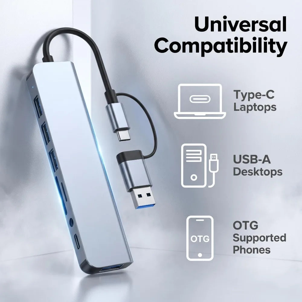 8 in 2 Type C USB HUB Docking Station with 3.5mm Audio Jack for Micro SD Card Reader MacBook Laptop Tablet Phone Disk Converter