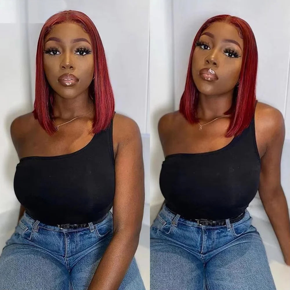 99J Burgundy Straight Short Bob Wigs Straight Brazilian Human Hair 13X4 Lace Frontal Wig Remy Human Hair Red for Women