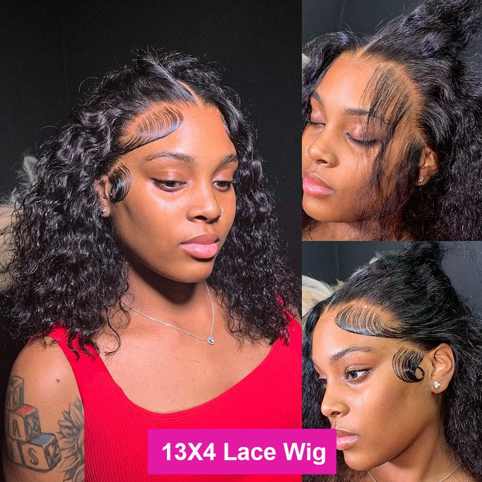 13x4 Lace Closure Wig 100% Human Hair Wig Deep Curly Wig Jerry Curly Short Bob Wig With Baby Hair Deep Wave Double Draw Wig For Black Women