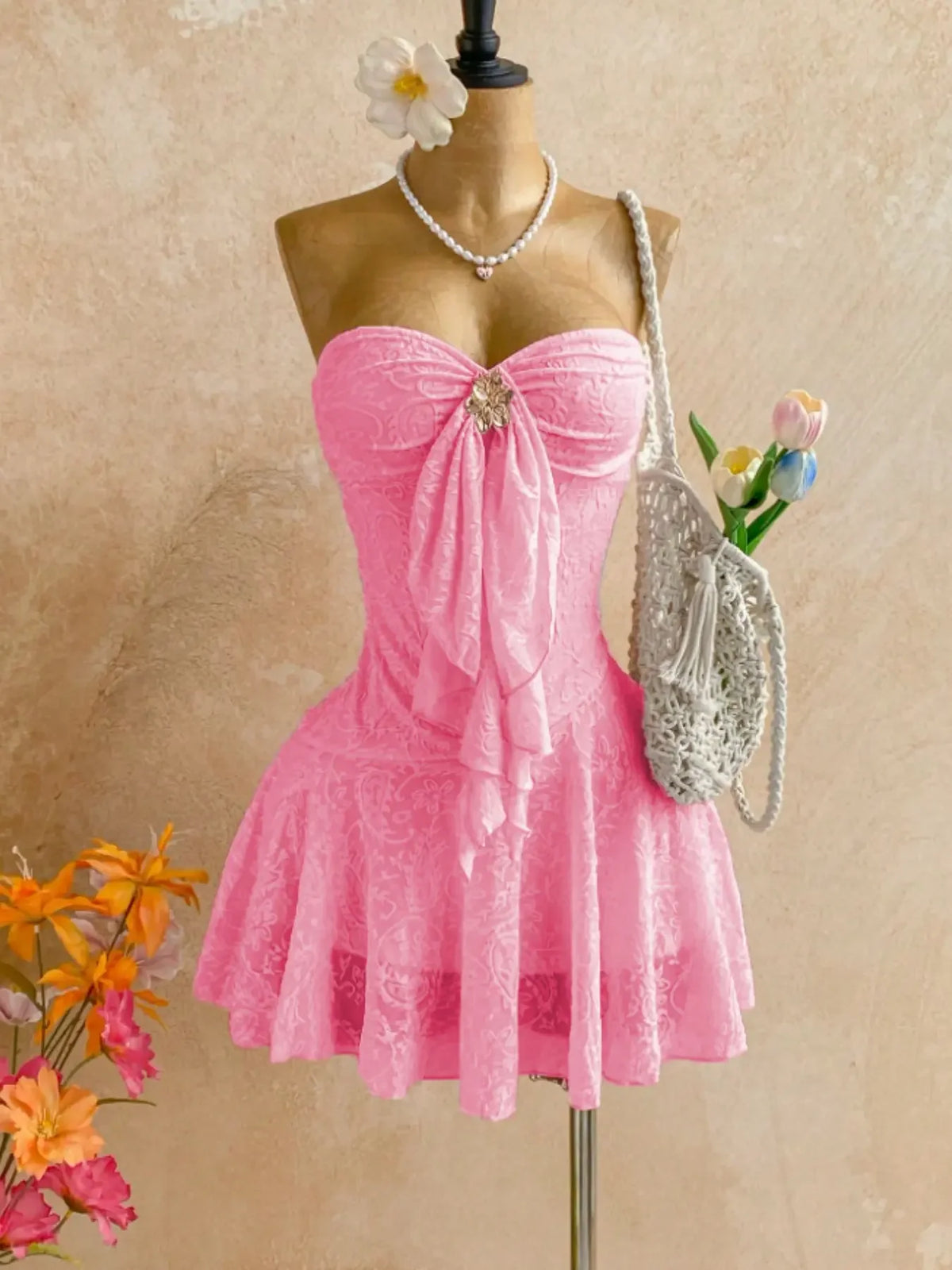 Women Sweetheart Strapless Embossed Lace Mini Night Dress, Front Ruffle Floral Brooch, Slim Fit Flared Skirt, Soft Cozy Loungewear, Nightwear, Feminine, Cute, Loungewear Nightdress