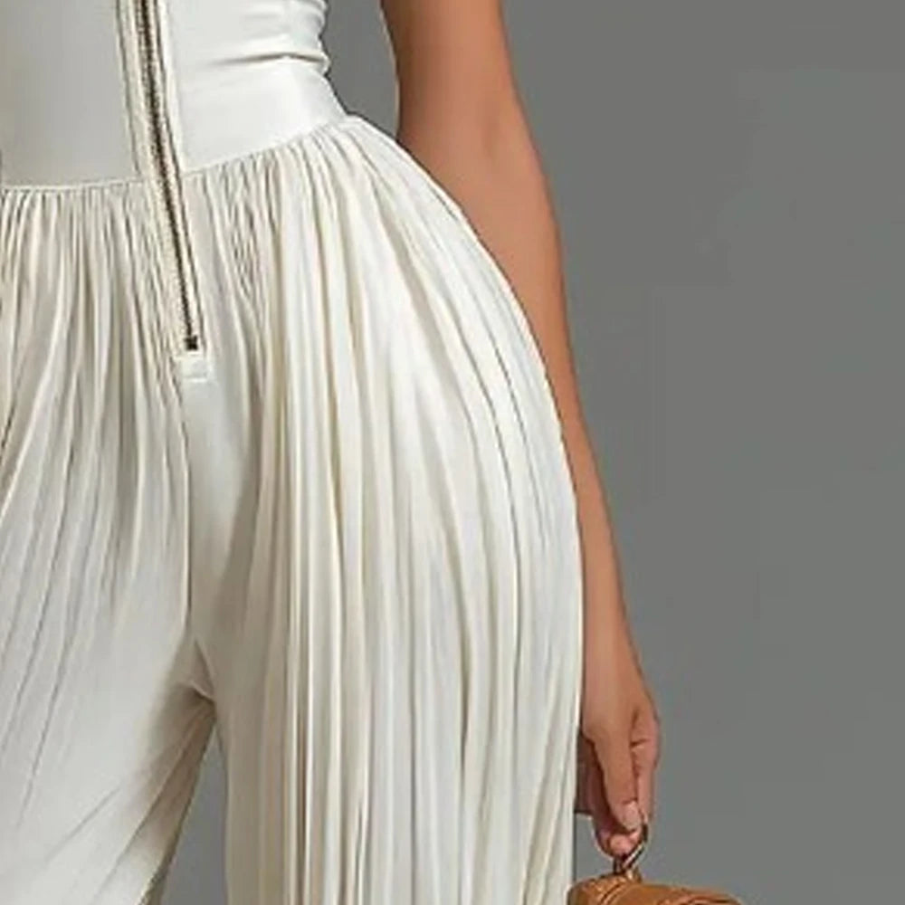 Women's White Pleated Halter Sleeveless Jumpsuit Front Zip High Waist Wide Leg Floor Length Elegant Party Long Romper For Ladies