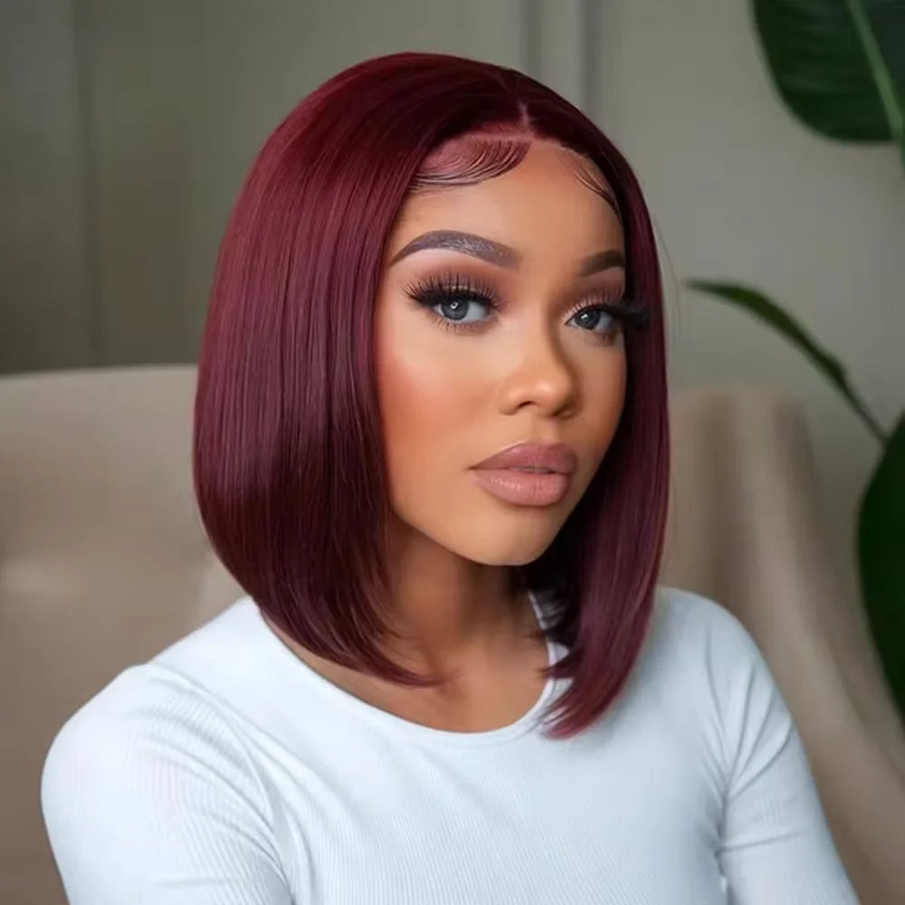 99J Burgundy Straight Bob Wigs Wear and Go Glueless Wigs 13x4 Lace Front Human Hair Wigs Pre Cut No Glue For Women Red Colored