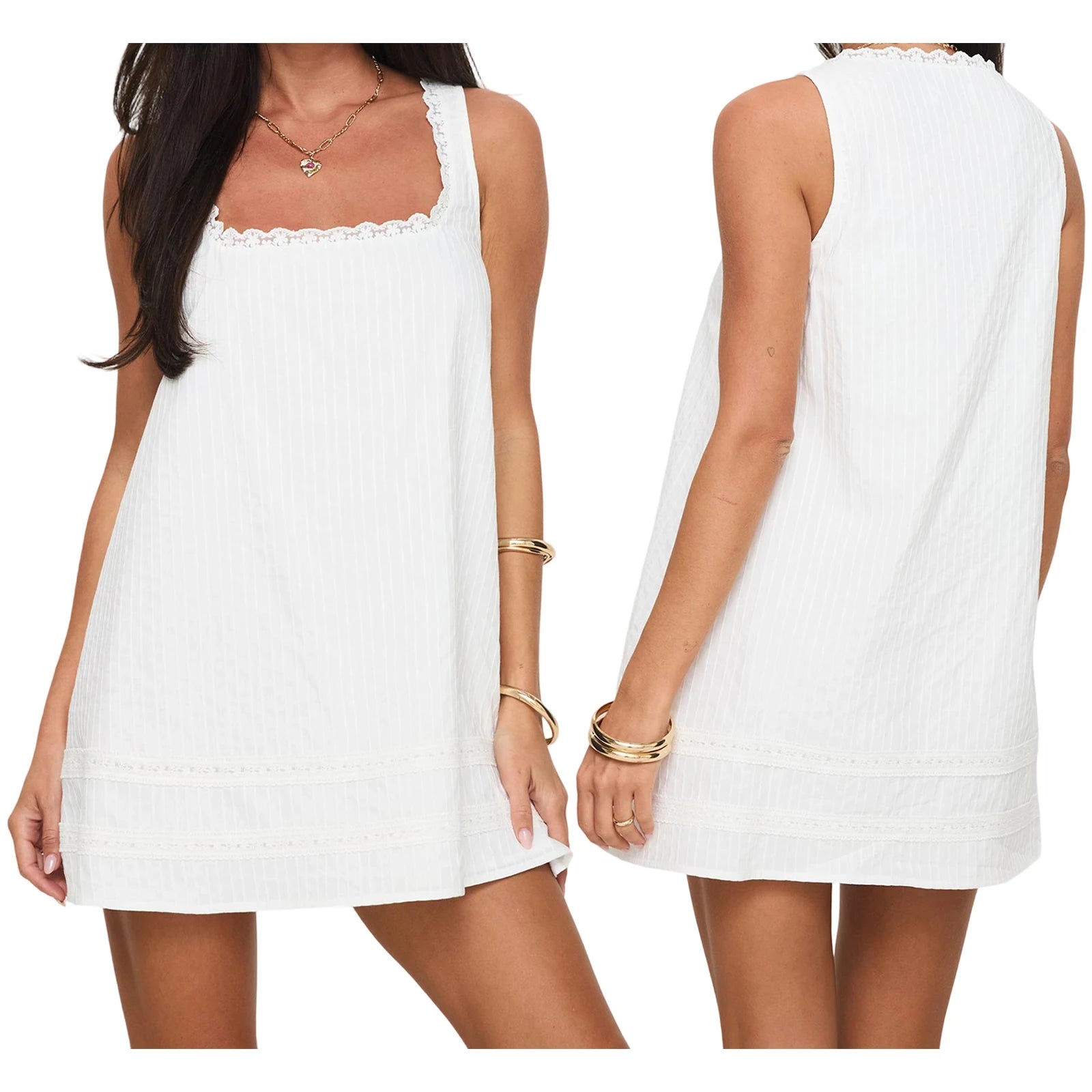 Combhasaki Casual Loose Fit Shift Dress for Women 2026 Fashion Lace Trim Patchwork Square Neck Sleeveless Cute Mini Tank Dress