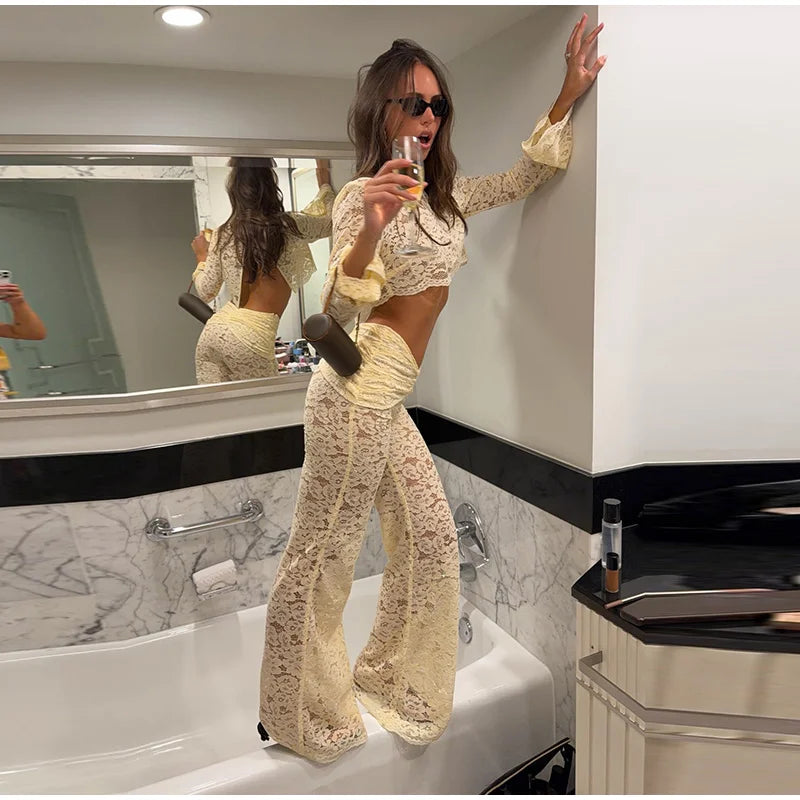 Casual Lace Crop Top Pants Suit Women Solid Patchwork Full Sleeve O-neck Shirt Long High Waist Trousers 2026 Fashion Set Lady