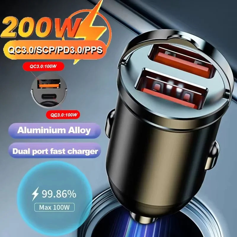 2026Car 200W Dual Port Mini USB Charger Ultra Fast Charging Cigarette Lighter Socket 12-24V Aluminum Cell Phone Charging Adapter