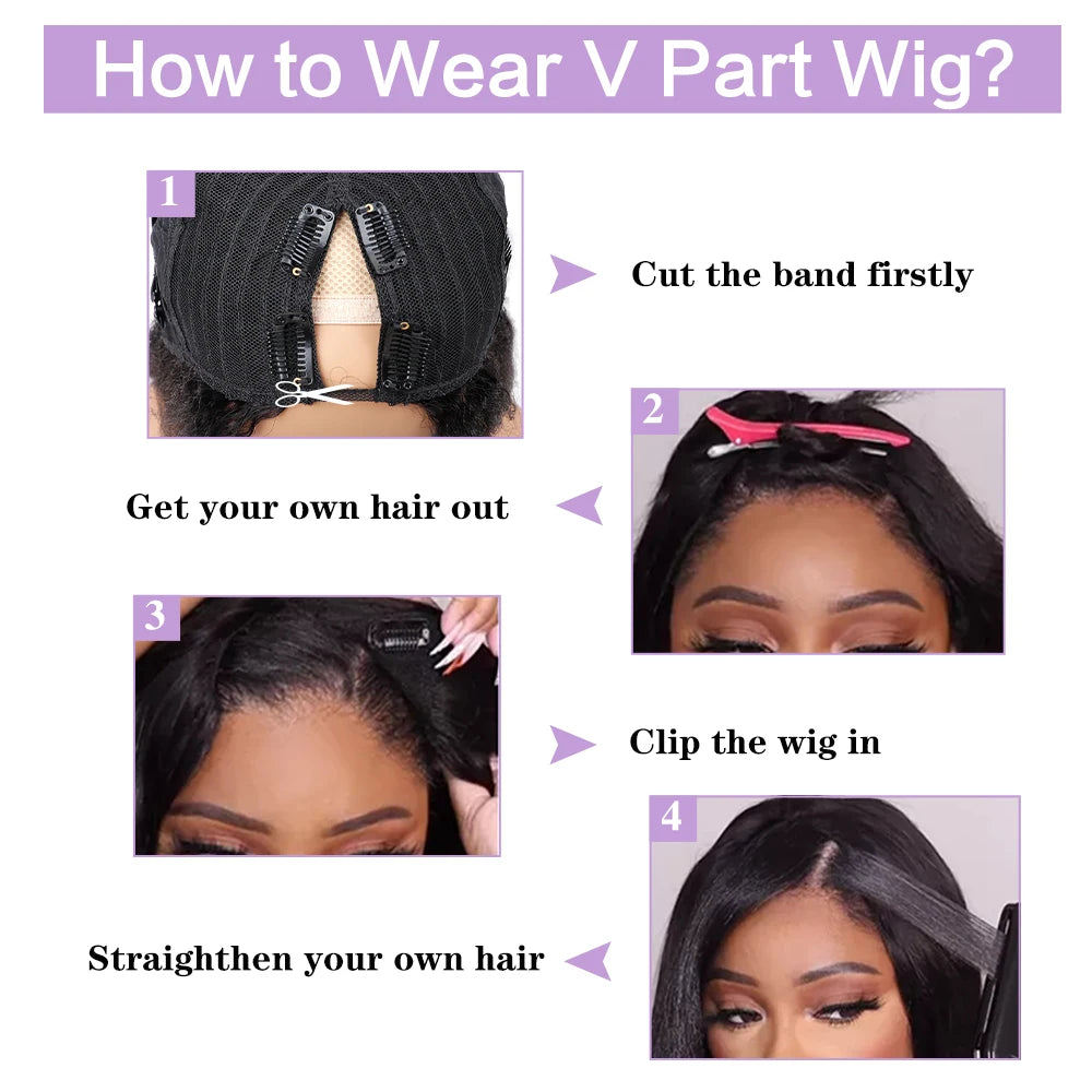 220% Density Kinky Straight V Part Wig Human Hair 16-32 Inch Wig For Women With Drawstring No Leave Out No Sew In Wig