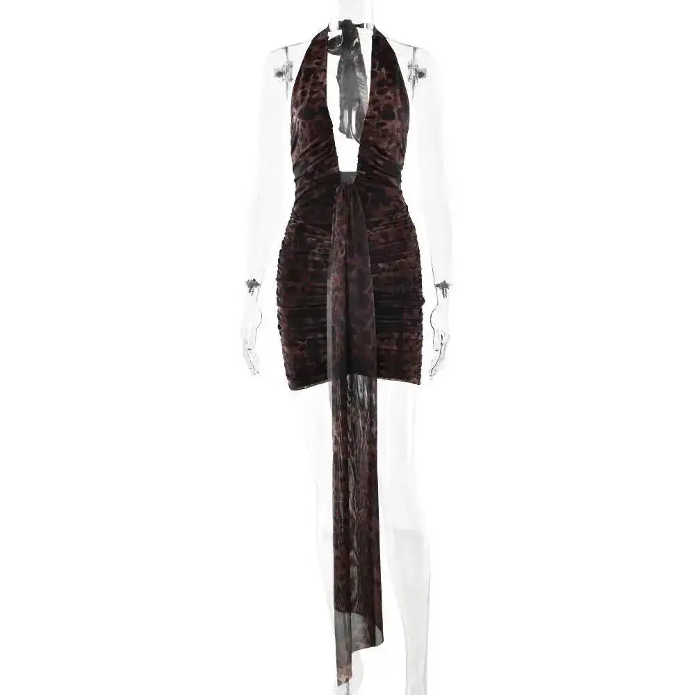 Avrilyaan Leopard Print Halter Pleated Ribbon Dress Women Mini 2025 Summer Dress Deep V Backless Sexy Party Dresses Vestidos