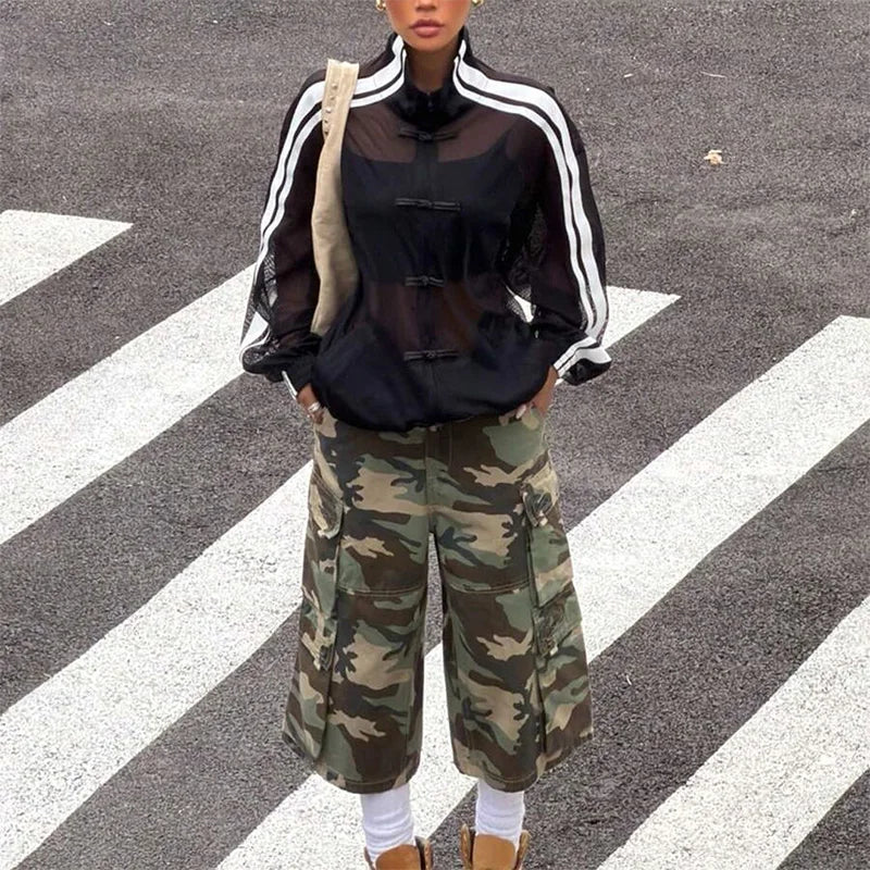 Summer Women's Y2K Streetwear Vintage Chinese Style Sheer Mesh Stand Collar Long Sleeve Loose Side Stripe Frog Button Jacket