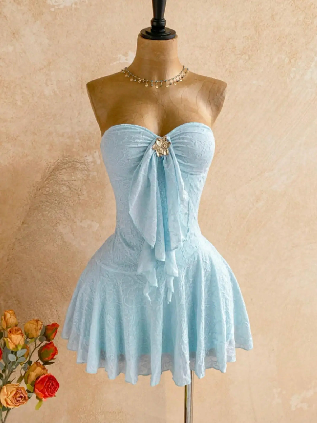 Women Sweetheart Strapless Embossed Lace Mini Night Dress, Front Ruffle Floral Brooch, Slim Fit Flared Skirt, Soft Cozy Loungewear, Nightwear, Feminine, Cute, Loungewear Nightdress