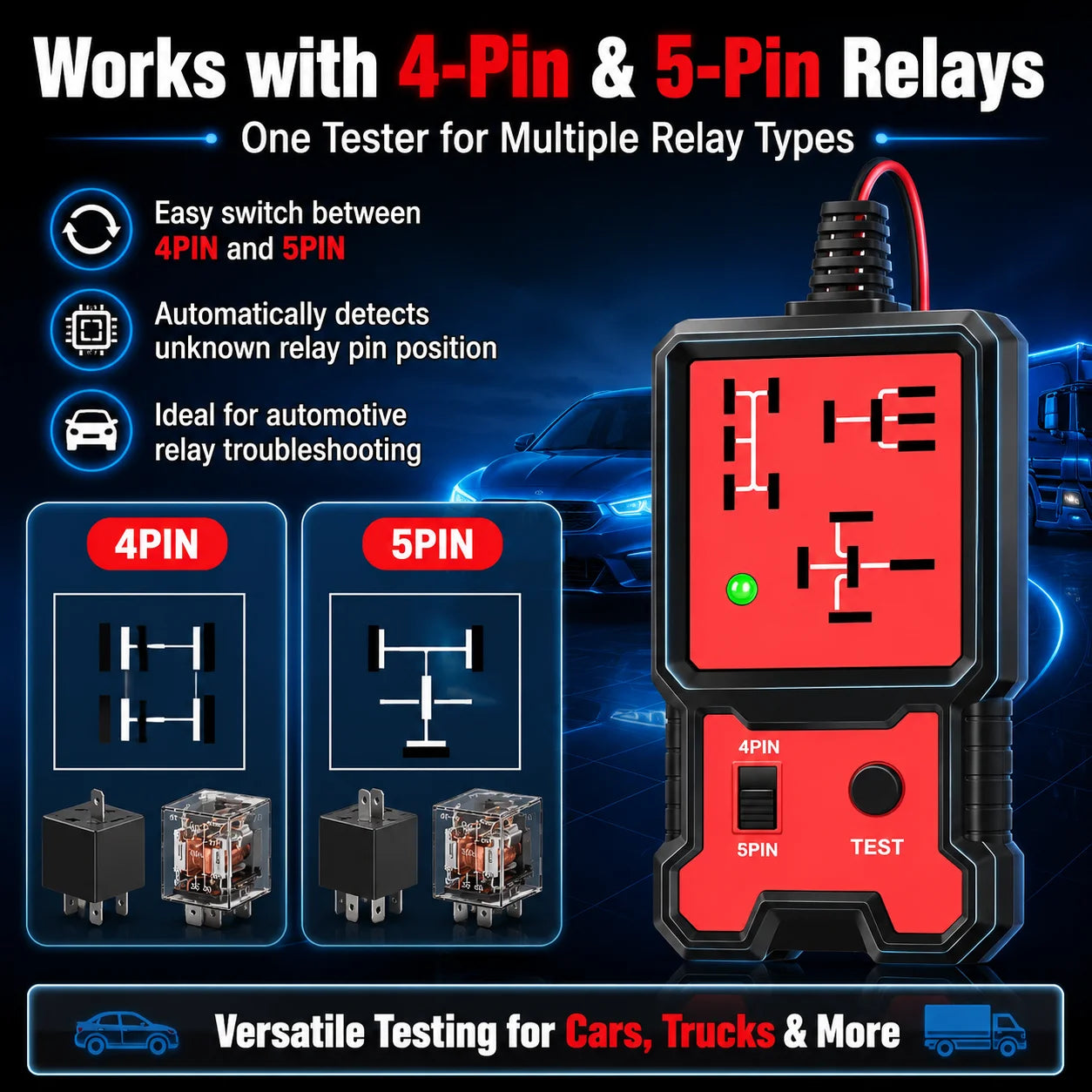 2024 Newest Red Relay Tester 12V Universal Electronic Automotive Car Circuit Detector Battery Checker Auto Repair Tool