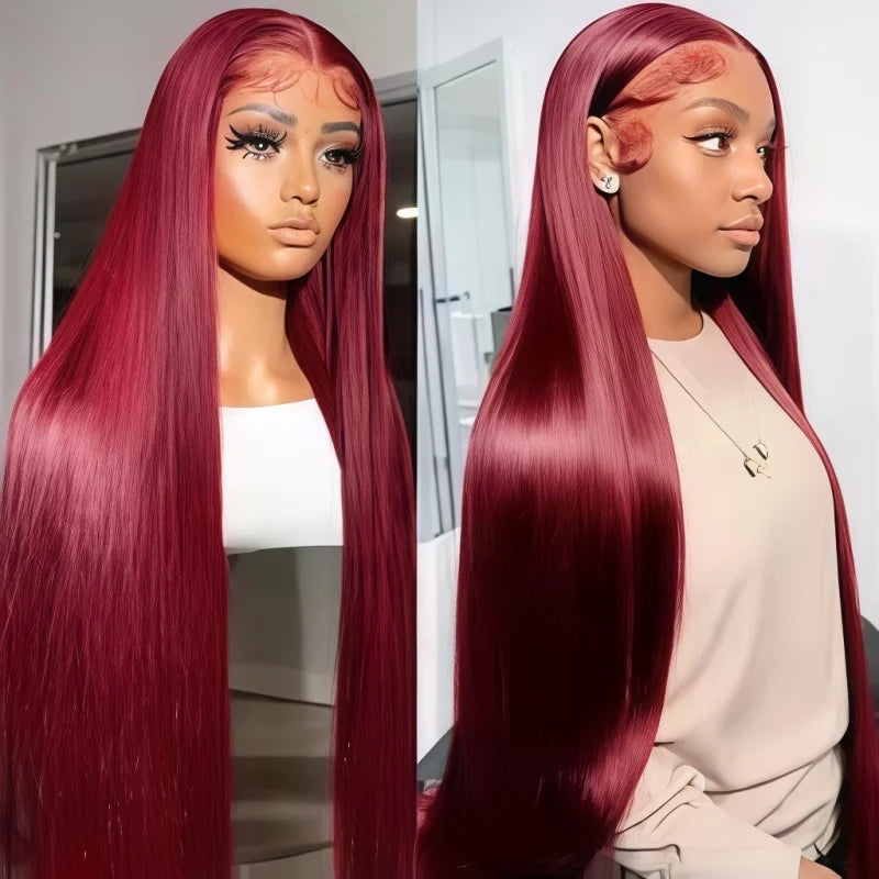 34 Inch 99J Burgundy Straight Brazilian Human Hair Wig 13x4 HD Transparent Lace Frontal Wig Pre Plucked Natural Hairline For Women