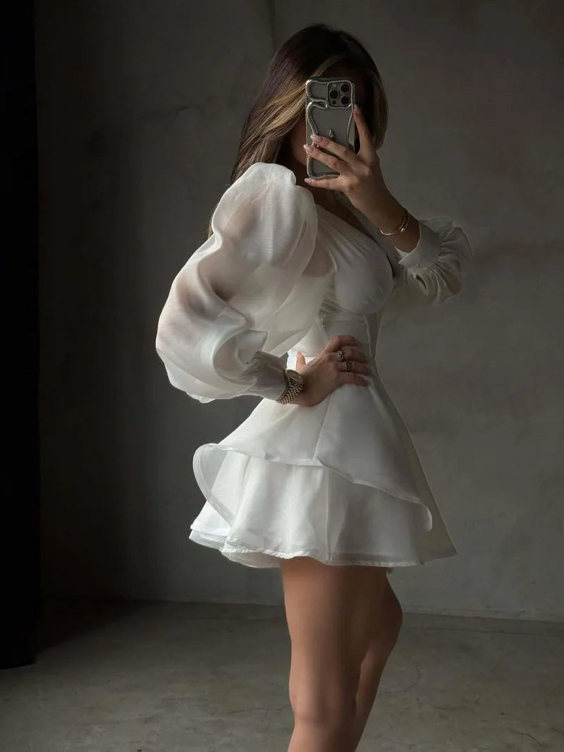 Elegant White Dress Spring Clothing Women 2026 Lantern Sleeve Deep V-Neck Tunic Mini Dresses Vacation Evening Party Club Dress