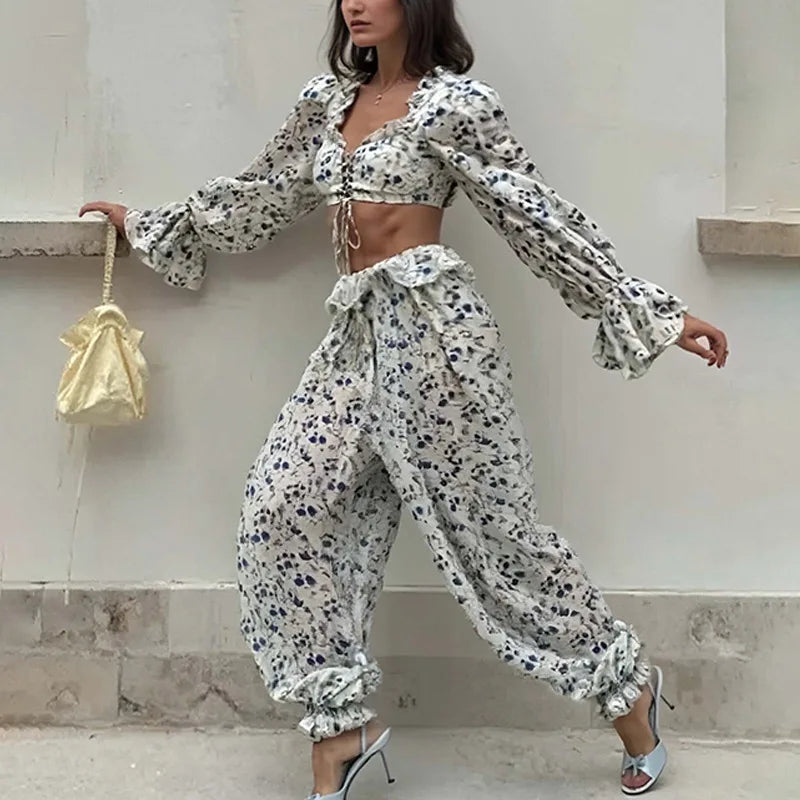 Ruffled Trousers Short Tops Two-piece Set Spring Summer Women's Long-sleeved Waist Casual Fashion Trousers Set Костюм Женский