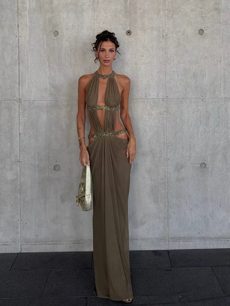 Hollow Out Halter Maxi Dress Sexy Pleated Solid Sleeveless Off Shoulder Backless Slim Women Dresses Fashion Party Gowns