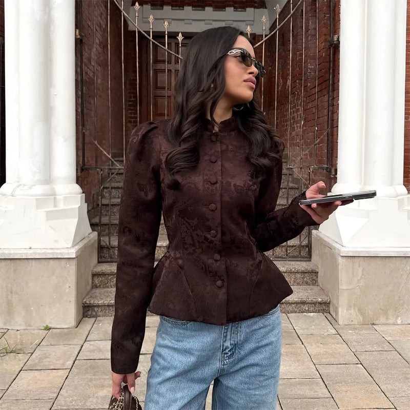 Solid Color Jacquard Glossy Satin Tops Women Chic Stand Collar Single Breasted Slim Fit Short Coats 2026 Lady Daily Outwear New