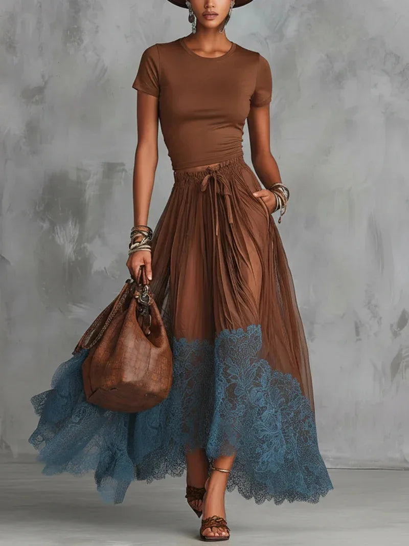 2026 New V Neck Short Sleeve Underwear Top High Waist Lace Spliced Midi Skirt Two Piece Set Women Slim Fit Temperament Outfit