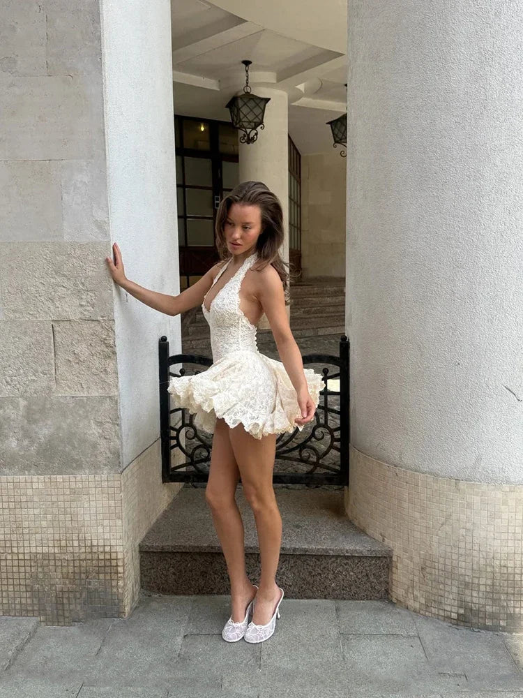 V Neck Halter Lace Mini Skirt Women Fashion Waist Cinched A Line Dress Backless Sleeveless Short Vestidos Summer Lady Dresses