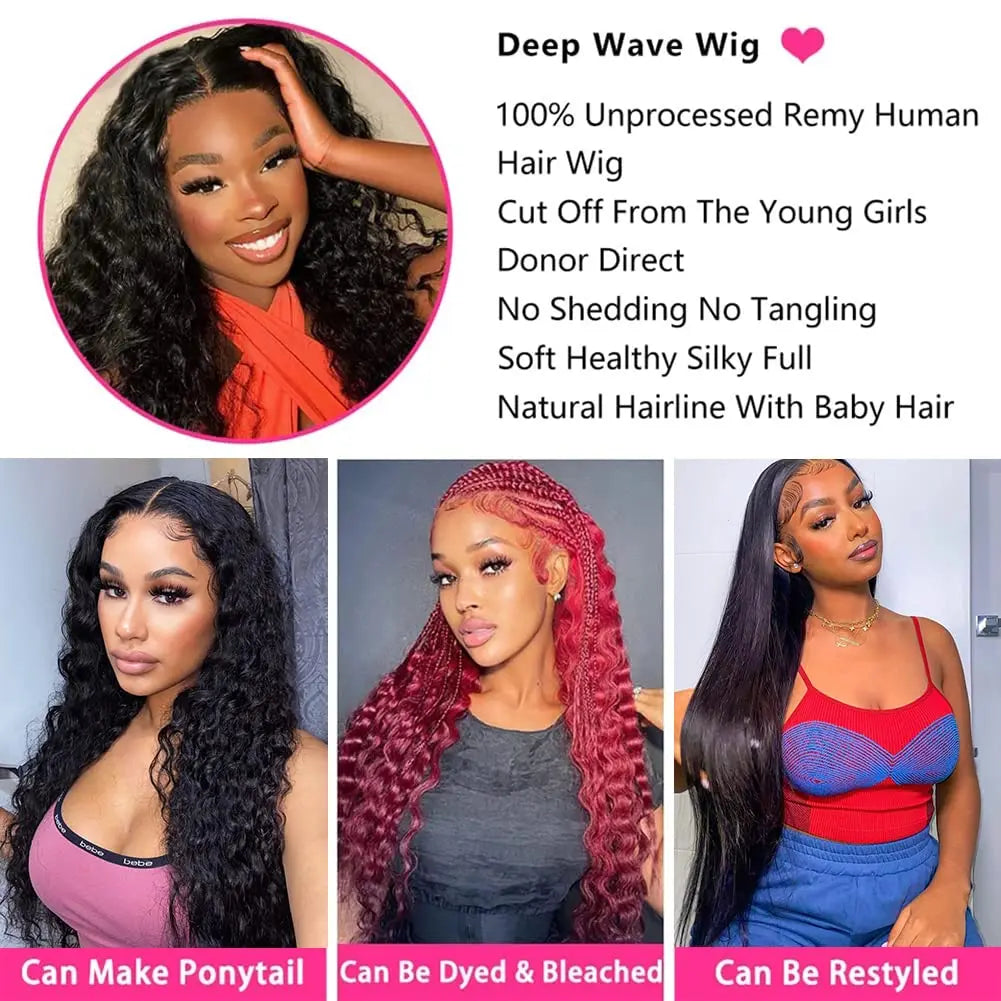 13x4 Deep Wave Lace Front Wig Human Hair 13x6 HD Lace Frontal Wig with Baby Hair Brazilian 180% Density Pre Plucked Glueless Wig