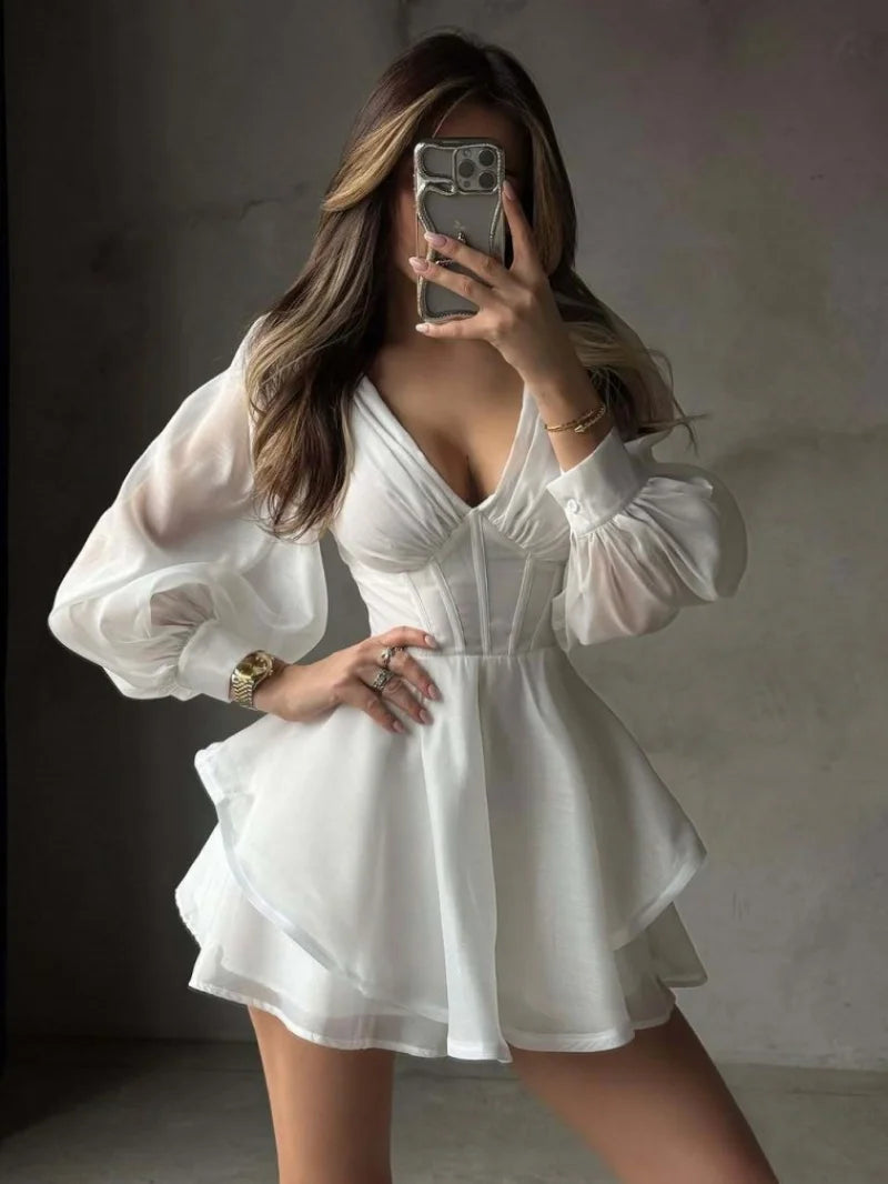 Elegant White Dress Spring Clothing Women 2026 Lantern Sleeve Deep V-Neck Tunic Mini Dresses Vacation Evening Party Club Dress