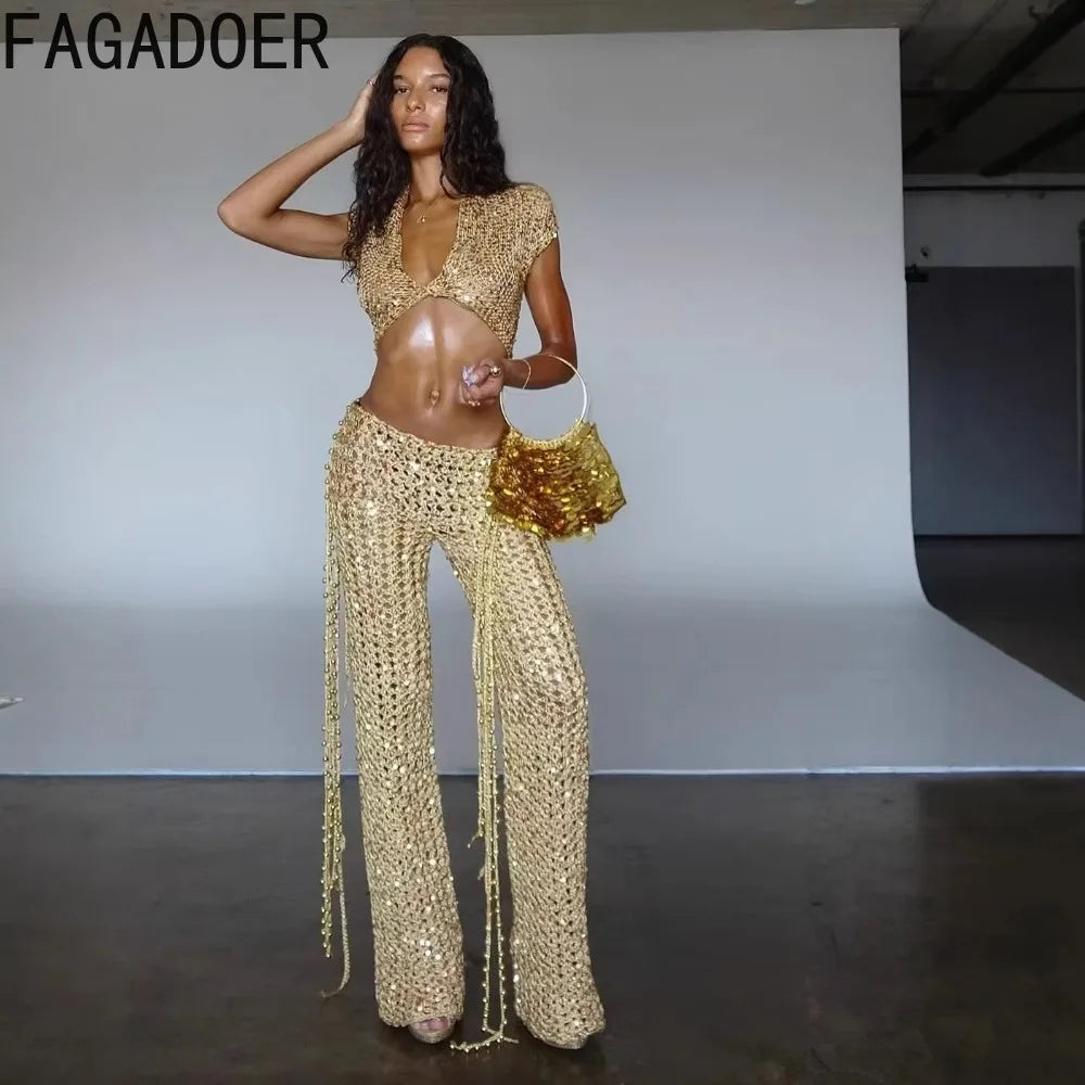FAGADOER Sexy Hollow-out Sequin 2 Pieces Set for Woman Solid Deep V-neck Crop Top and Tassel Pants Female Streetwear Clothing