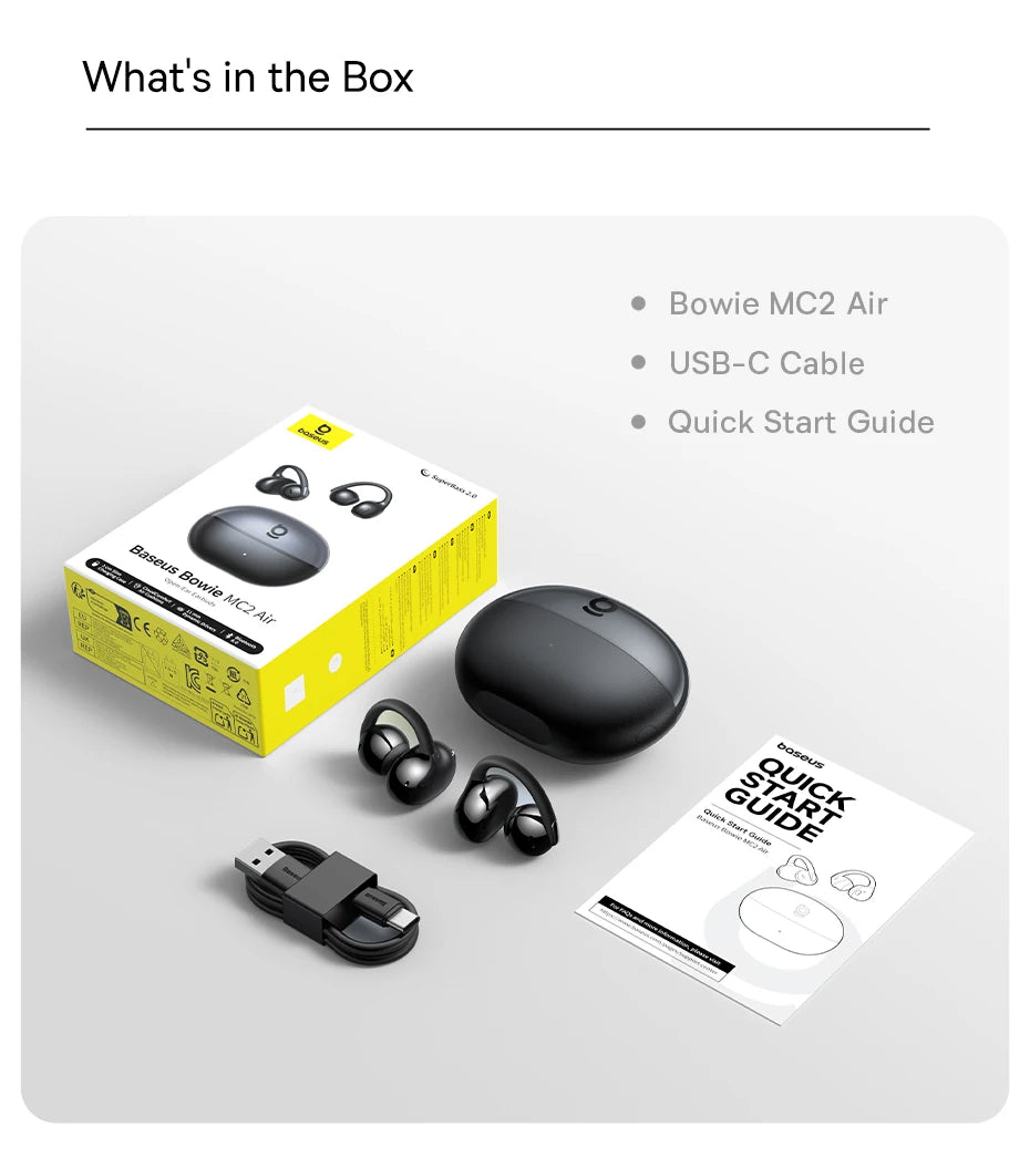 Baseus Bowie MC2 AIR Clip-on TWS Earbuds Ear Clips Wireless Earphones Bluetooth 6.0 Open Earrings 4 Mic ENC Sports Headphones