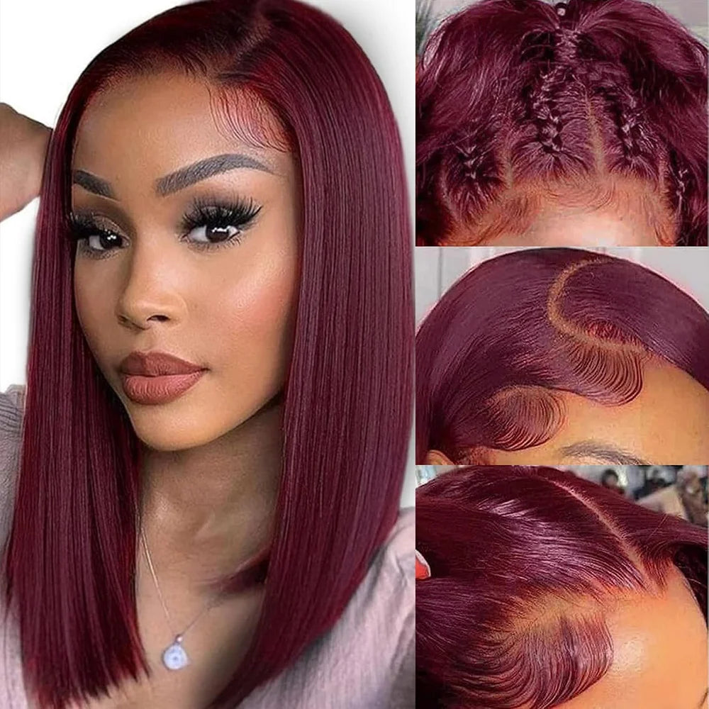 99J Burgundy Straight Bob Wigs Wear and Go Glueless Wigs 13x4 Lace Front Human Hair Wigs Pre Cut No Glue For Women Red Colored