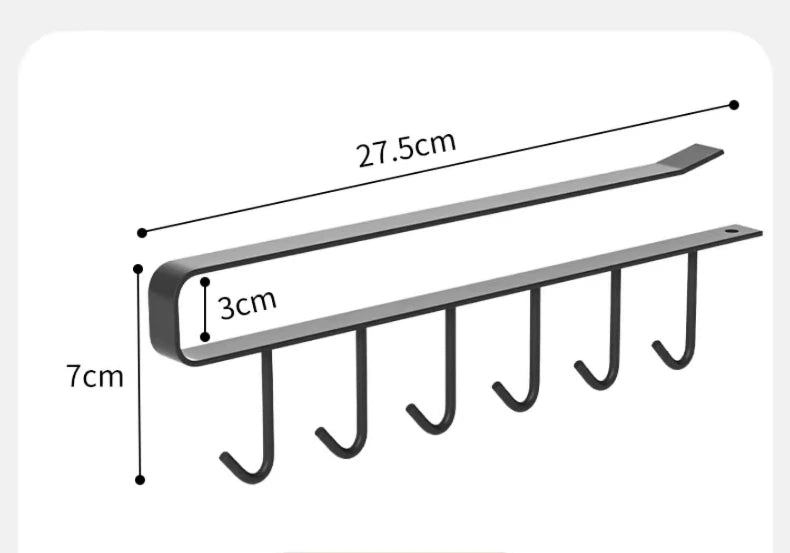 Household Kitchen Cabinet Bottom Shelf Hanging Hook, Non Perforated Cloth Rack, 6-Hook Organizing Rack, Spatula Hanging Rack
