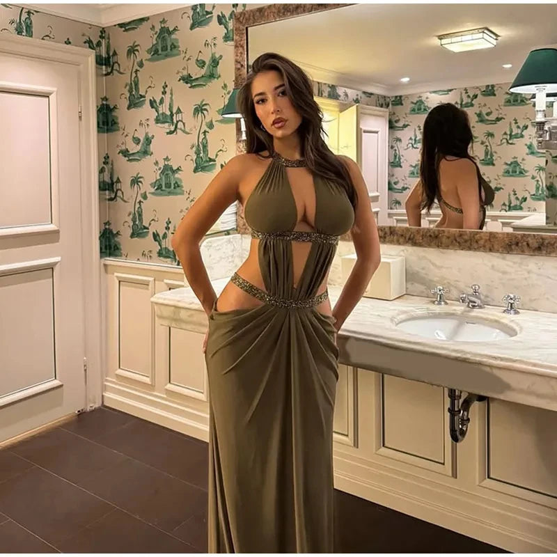 Hollow Out Halter Maxi Dress Sexy Pleated Solid Sleeveless Off Shoulder Backless Slim Women Dresses Fashion Party Gowns