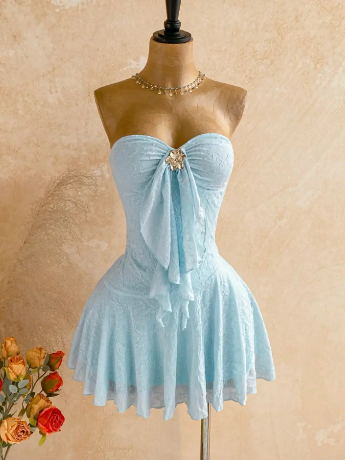 Women Sweetheart Strapless Embossed Lace Mini Night Dress, Front Ruffle Floral Brooch, Slim Fit Flared Skirt, Soft Cozy Loungewear, Nightwear, Feminine, Cute, Loungewear Nightdress