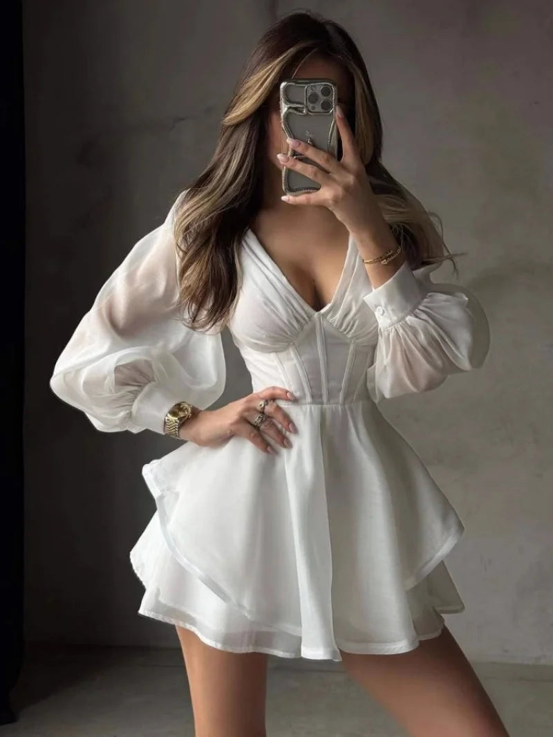 Elegant White Dress Spring Clothing Women 2026 Lantern Sleeve Deep V-Neck Tunic Mini Dresses Vacation Evening Party Club Dress