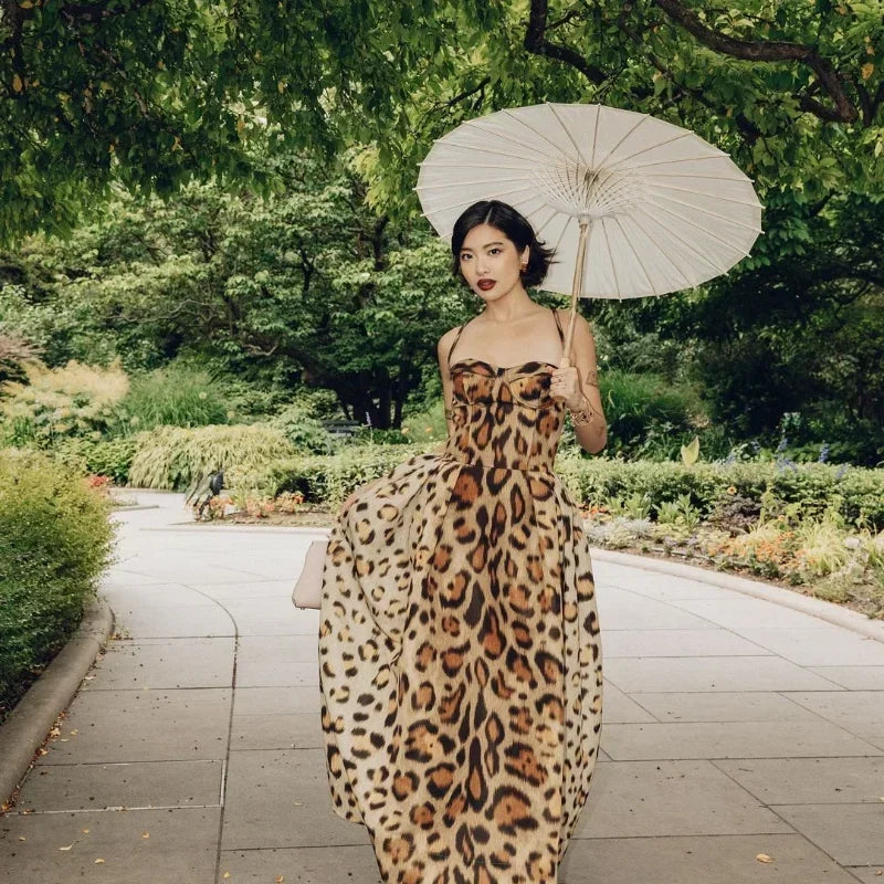 Leopard Print Sleeveless Sling Dress For Women Fashion Chic Backless A Line Dresses 2025 Elegant Female High Street Vestidos