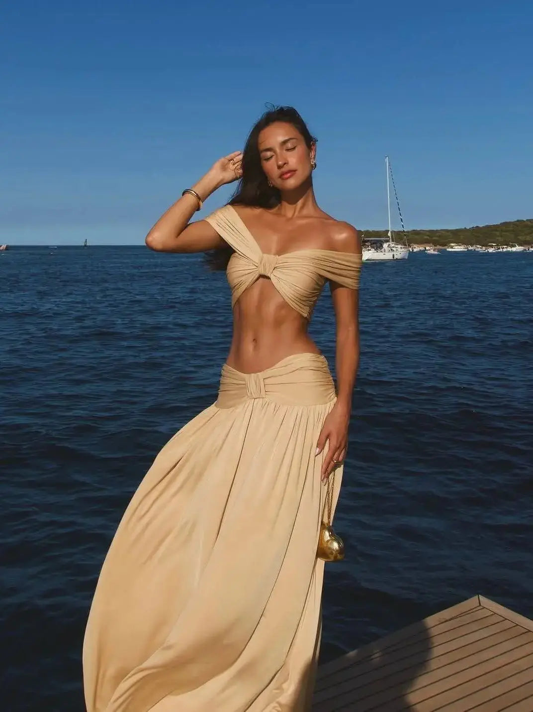 Soild Two Piece Skirt Off Shoulder Halter Beach Dress Women High Waist A-line Bandage Ruched Long Skirt Suit Summer Casual Set