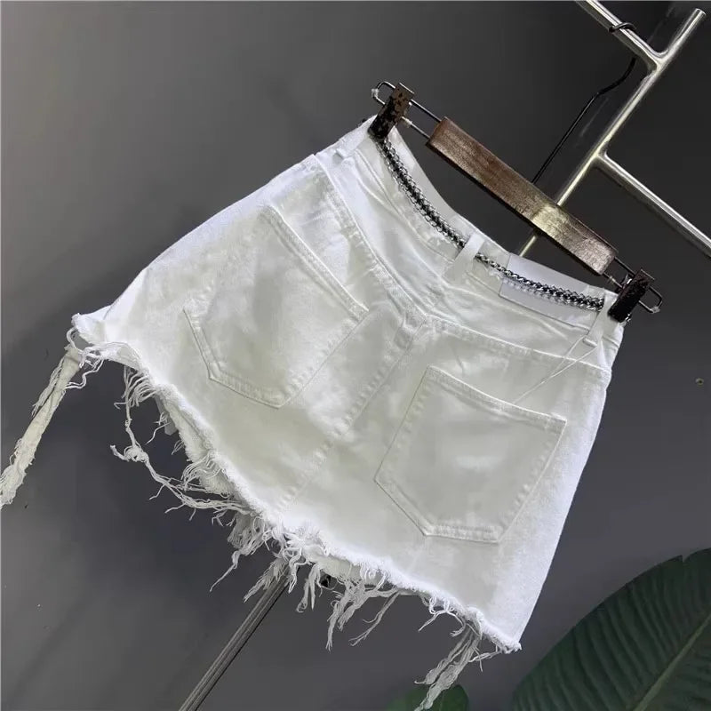 New Korean White Raw Irregular Denim Skirt Women's Anti-Walk Naked Hole Pocket Exposed Short Skirt