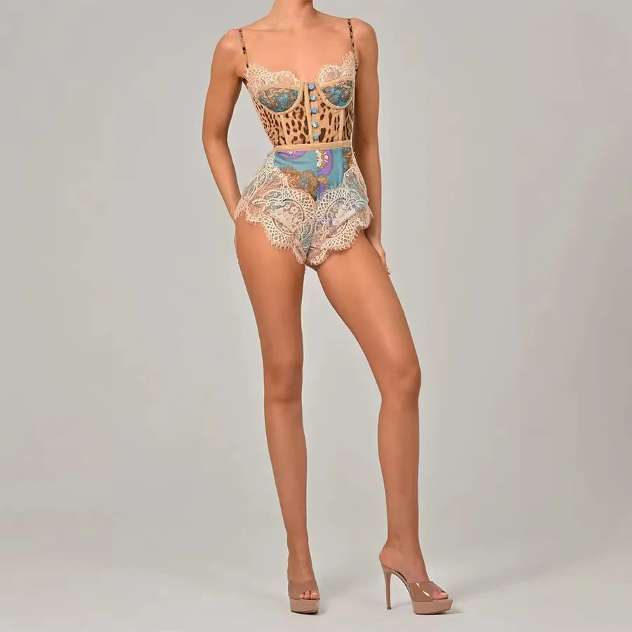 Boho Beach Vacation Women's Romper New 2026 Fashion Sexy Slim Print Jumpsuit Spring Summer Suspender Lace Jumpsuit For Women